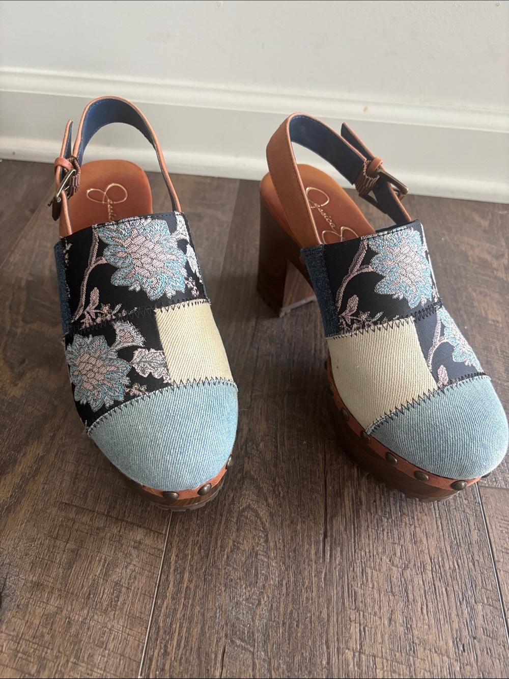 Jessica Simpson Patchwork Floral Slingback Clogs in Blue, Cream & Tan
